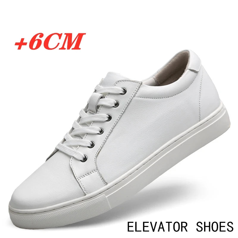 Man Elevator Shoes Height Increase Insoles High Heels Shoes 5-6CM Shoes Tall Shoes White Genuine Leather Shoes Men Sneakers