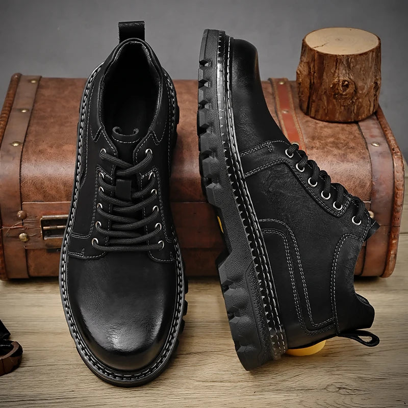 New Genuine Leather Men Boots Cow Leather Upper Durable Sole Lace up Autumn Winter Boots  Daily Leisure Outdoor Shoes For Man