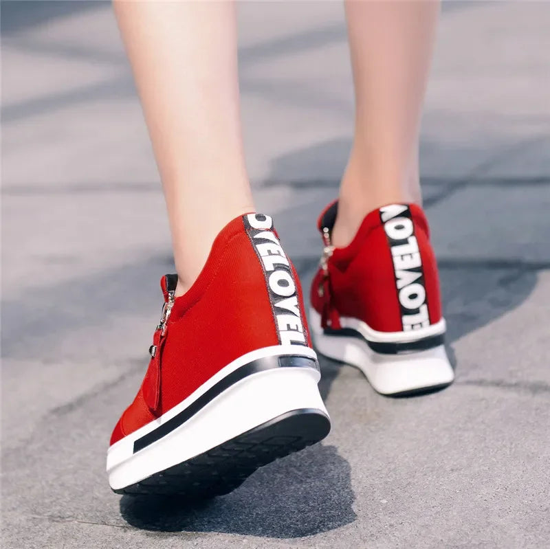 2024 Platform Sneakers Women Red Casual Comfortable Hidden Heel Shoe Black Canvas Shoes Wedge Heels Sneaker Tenis De Mujer