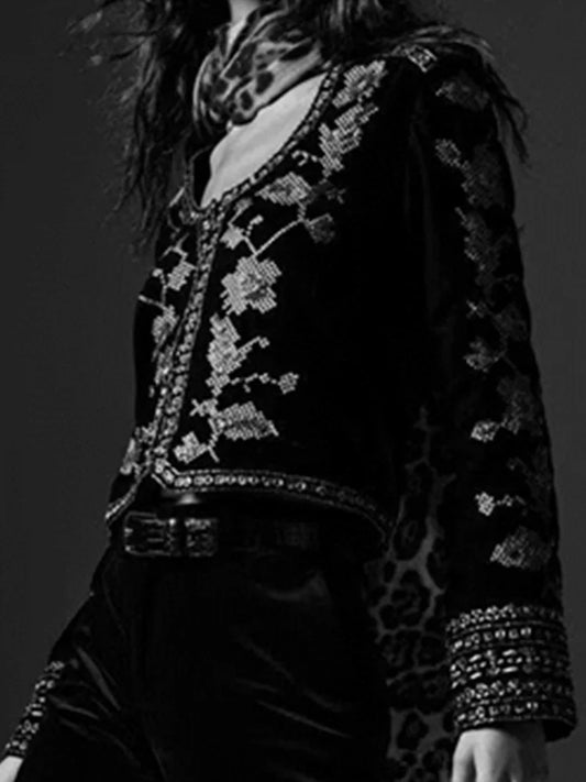 Elegant, Korean Zevity New Women Vintage O Neck Geometric Floral Embroidery Short Velvet Coat Office Lady Long Sleeve Outwear Jacket Tops CT7352