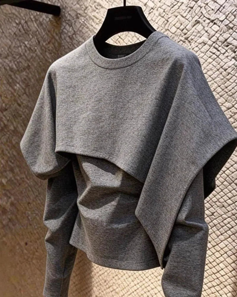 Limiguyue Spring Autumn Gray Pullover Shirts Women Daily Trendy Splice Long Sleeve Tops Loose Irregular Blouse Designer 180B
