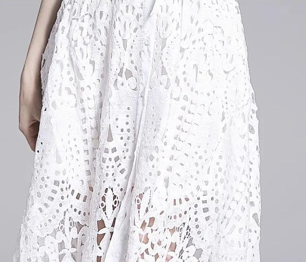 Summer Women Lace Sweet Sexy Dress Hollow Out Half High Collar Short Sleeve Single-breasted High Waist Slim Vintage Midi Dresses