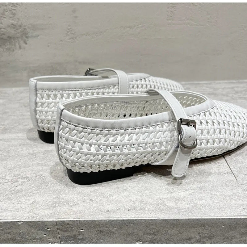In style Fashion Summer Woven Women Ballet Flats Breathable Hollow out Mary Janes Leather Lazy Walking Loafers Girls Shoes