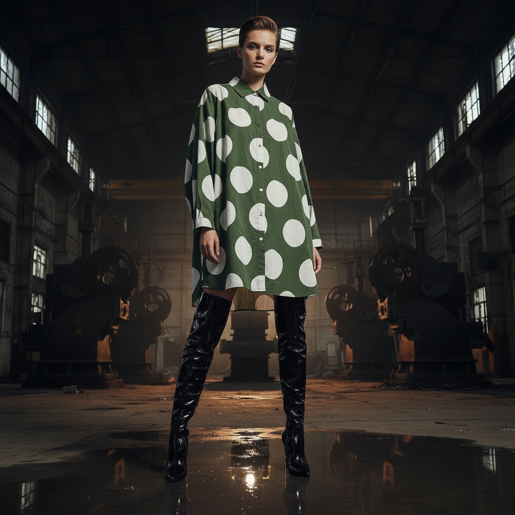 Bust 118cm Middle Aged Women Fall Clothes Japan Style Green Polka Dot Print Pure Cotton Shirt Dress for Women Autumn Loose Dress