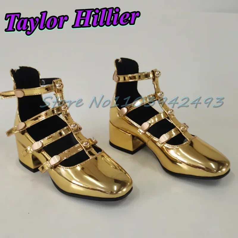 Gladiator Green Heeled Sandals Rivets Women Designer Luxury Shoes Patent Leather Solid Sandalias De Mujer Roman Strappy Palace