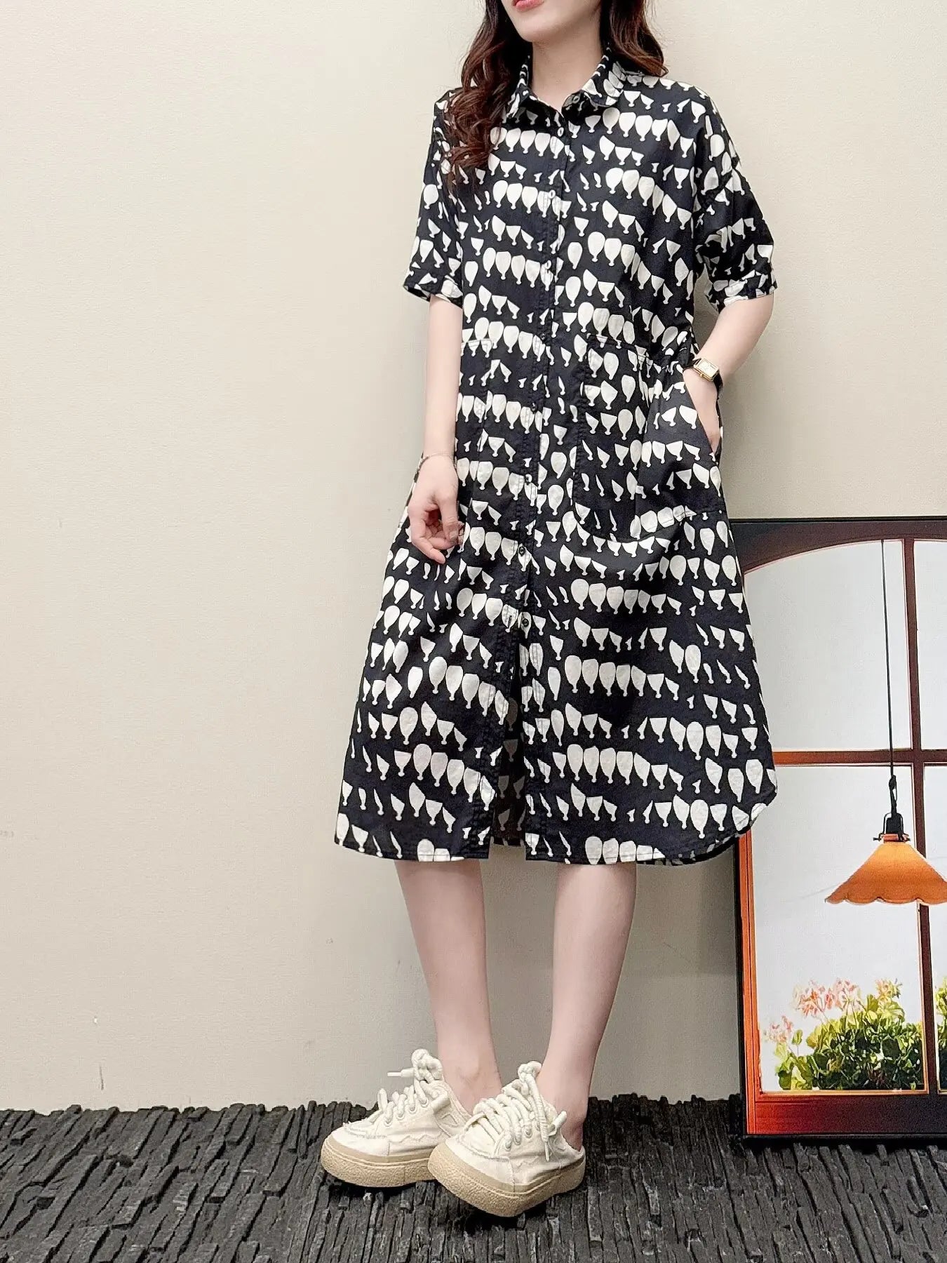Summer dresses 2025 Japan harajuku fashion 100% cotton short sleeve green black white geometric pattern shirt dress