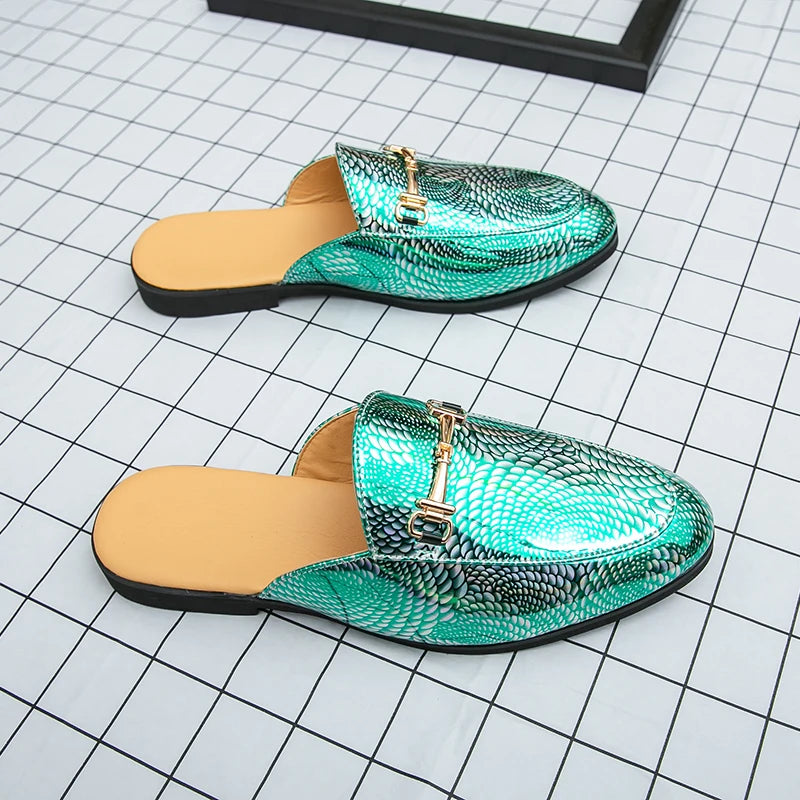 Fashion Brand Men's Cool Snake Skin Pattern Comfortable Half Back Leather Shoe Summer Men Breathable Bottom Casual Leather Shoes