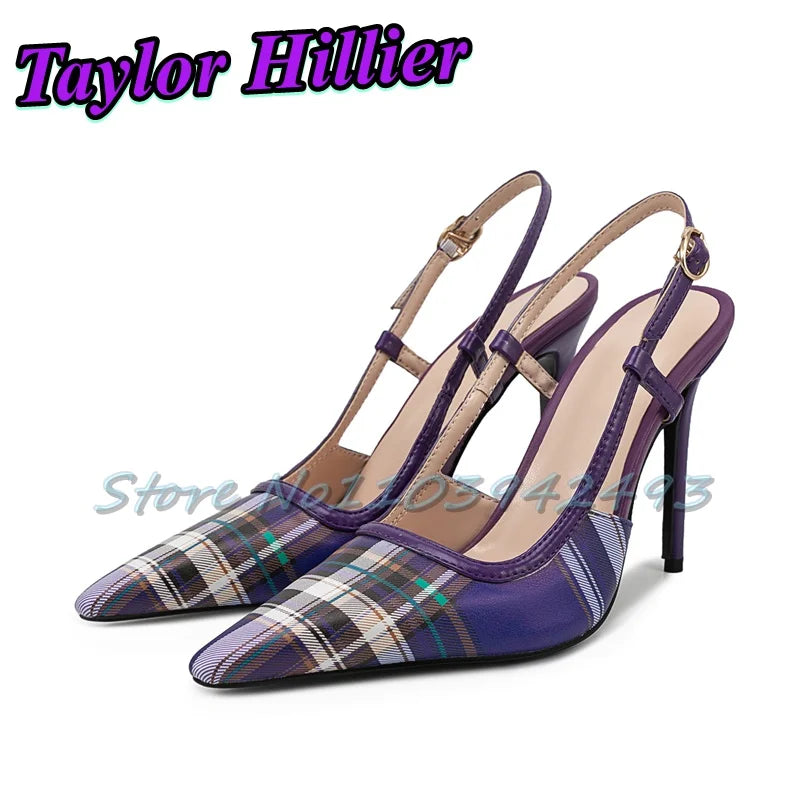 Patchwork Gingham Blue Heels Shallow Heeled Sandals Women Luxury Designer Shoes Summer Yellow Red Purple Buckle Strap Yellow New