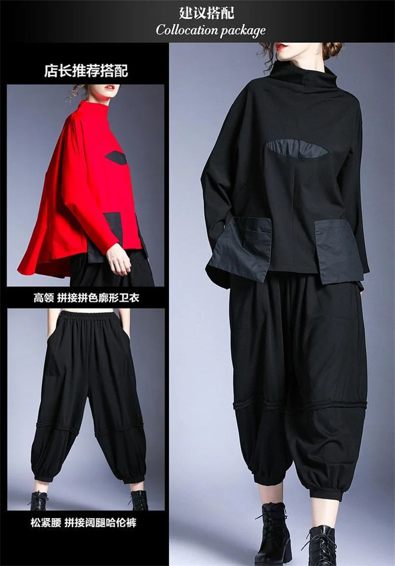 Hoodies Woman Clothing Woman Sweatshirts Autumn Loose High Neck Stitching Round  Coat Women's Leisure Design Loose Coat Women