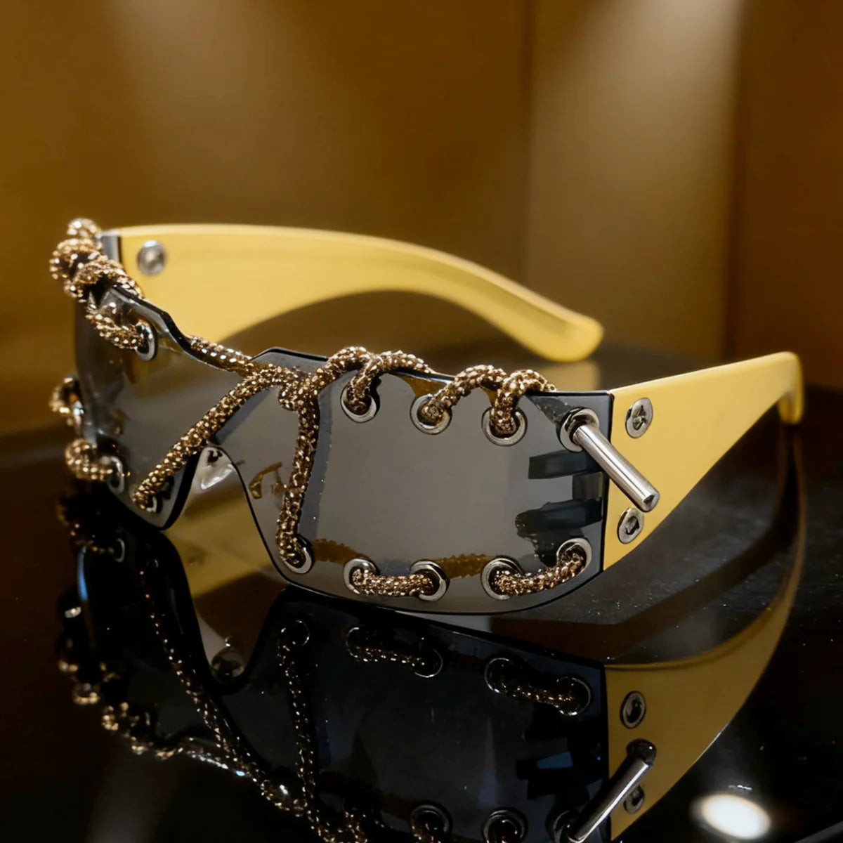 Punk Luxury Rhinestone Chain Sunglasses for Men Women One-piece Frameless Trendy Original Design Streetwear Party Shades