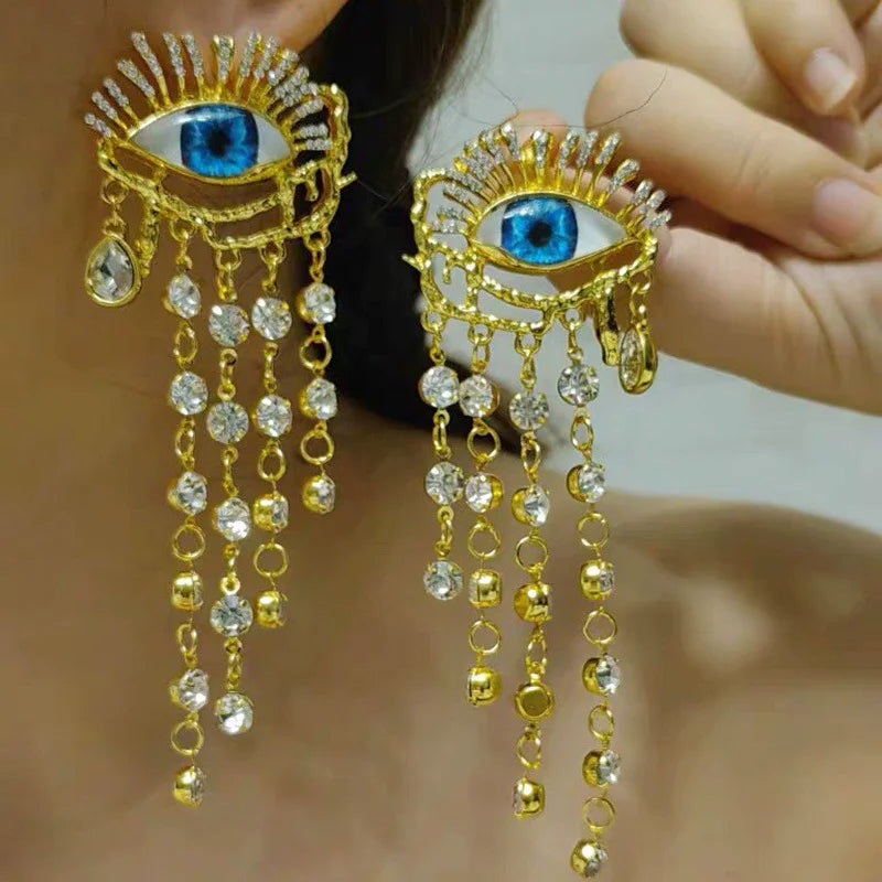 French Retro Unique Personality Exaggerated Eyes And Earrings Pearl Rhinestone Tassel Earrings Women's Jewelry Party Accessories