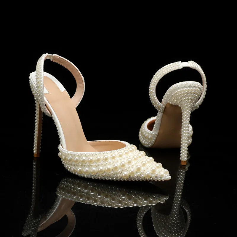 Luxury Handmade Full Pearls Wedding Women Pumps Elegant Pointed toe Slingbacks high heels Fashion Summer Party Bridal Shoes