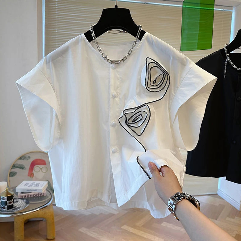 ZANZEA 2025 Summer Blouses Women Three-D Flowers Shirts Short Sleeve Blusas Chic Round Neck Shirts Casual Loose Colorblock Tops
