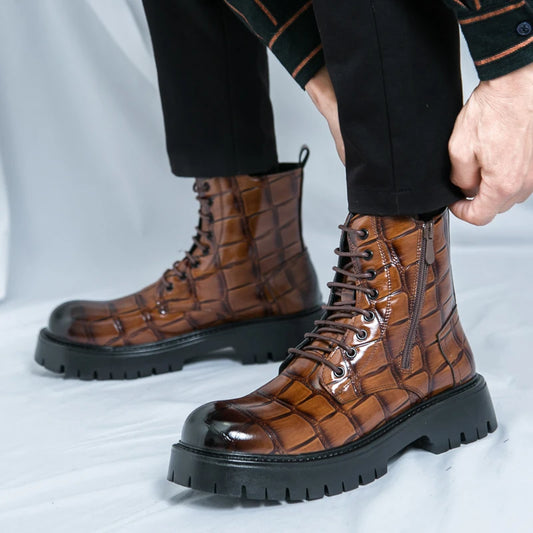 Luxury Brand Men's Autumn and Winter Crocodile Leather Side Zipper High Top Boots Fashionable New Men's Comfortable Short Boots