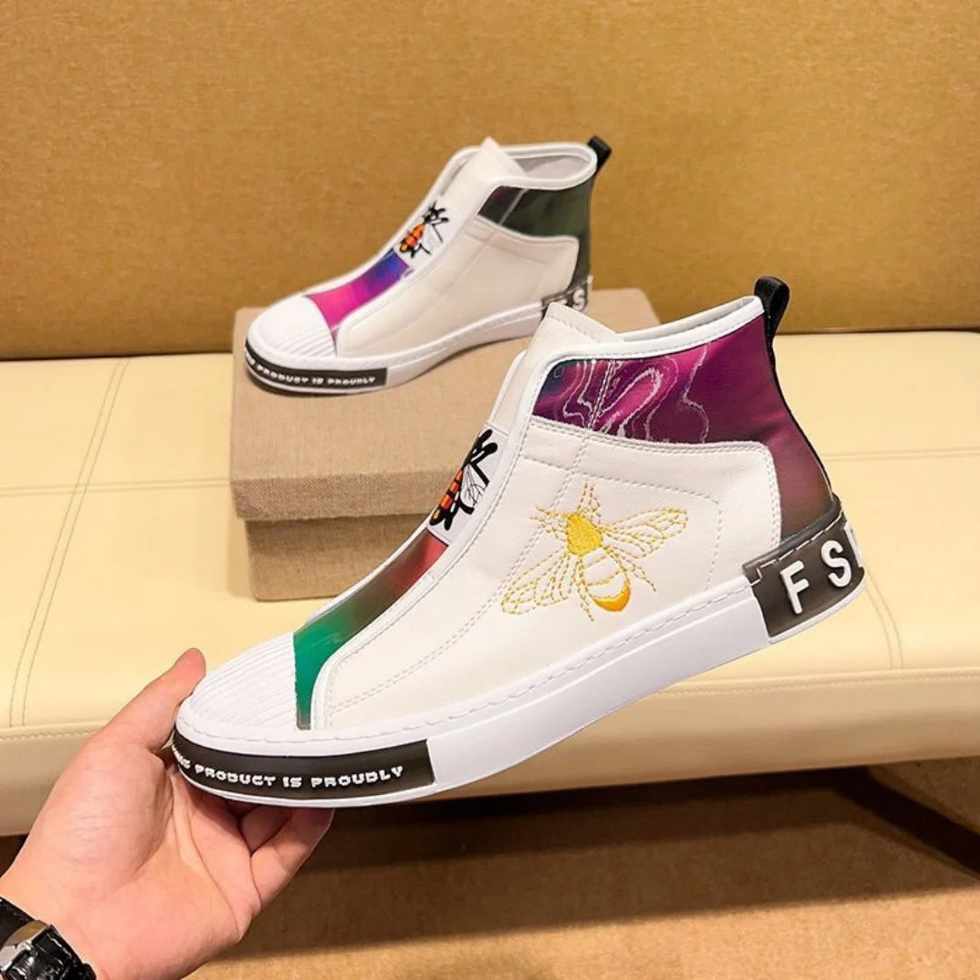 New High-top plush Men's Genuine leather embroidery Bees Sports shoes Luxury fashion Lace-up shoes sneaker Running shoes