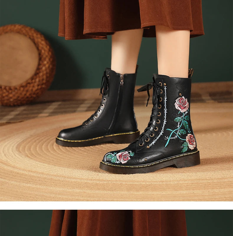 Ods Handmade Embroidery Rose Flower Retro Lace-up Mt Woman Genuine Leather Round Toe British Style Ankle Boots Big Size 40414243