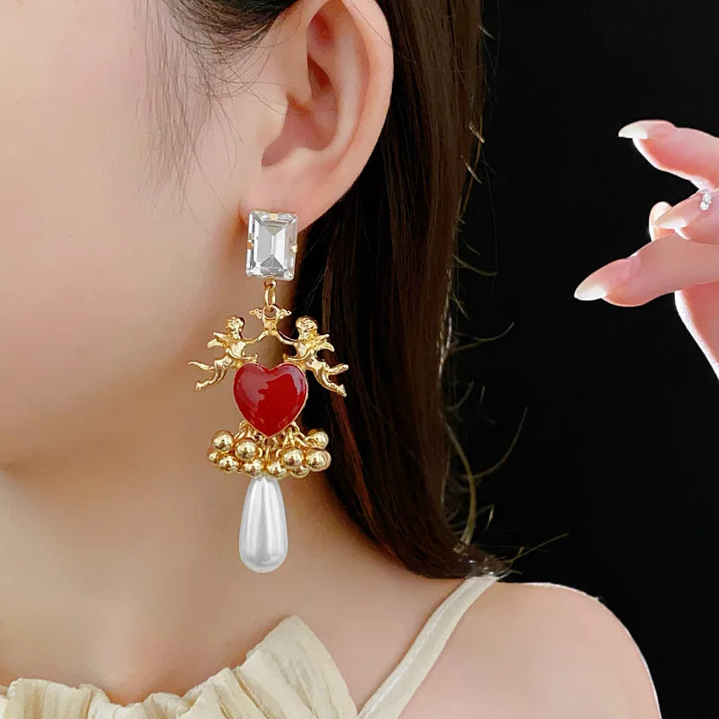 Vintage Silver Needle Drop Oil Love Earrings for Women Vintage Light Luxury Beads Tassel Drop Earring Luxury Designer Jewelry