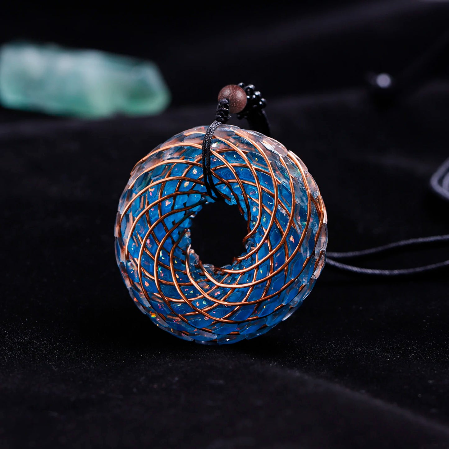 Rodin Coil &Opal Orgone Pendant Necklace , Blue glass pendant jewelry, Chakra Balancing, Adjustable Chain