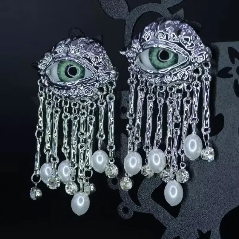 Medieval Personality Devil's Eye Pearl Tassel Earrings for Women Girl Light Luxury High-end Ring Necklace  Jewellery Accessories