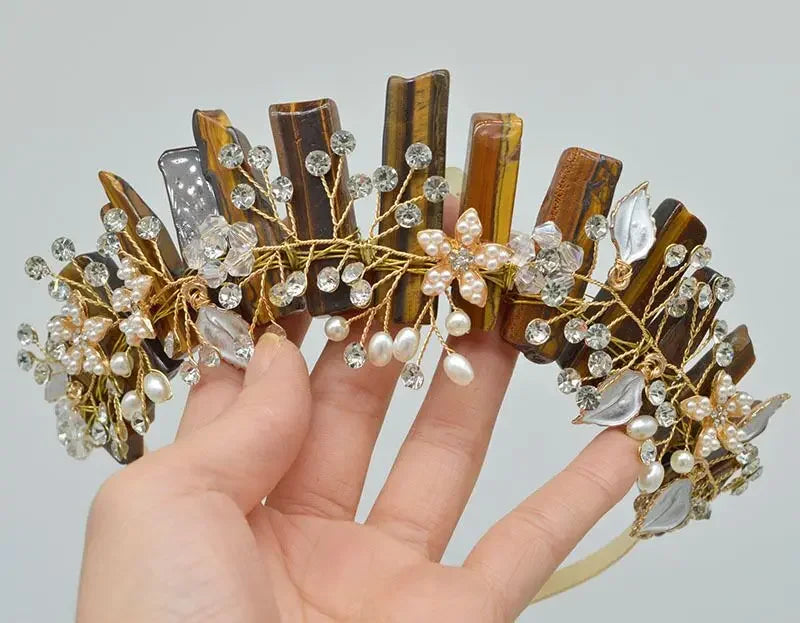 Natural Amethyst Quartz Crown Raw Stone Wand Hairpin with Flower Rhinestone Hand Crafted Women Hair Band for Party Birthday Gift