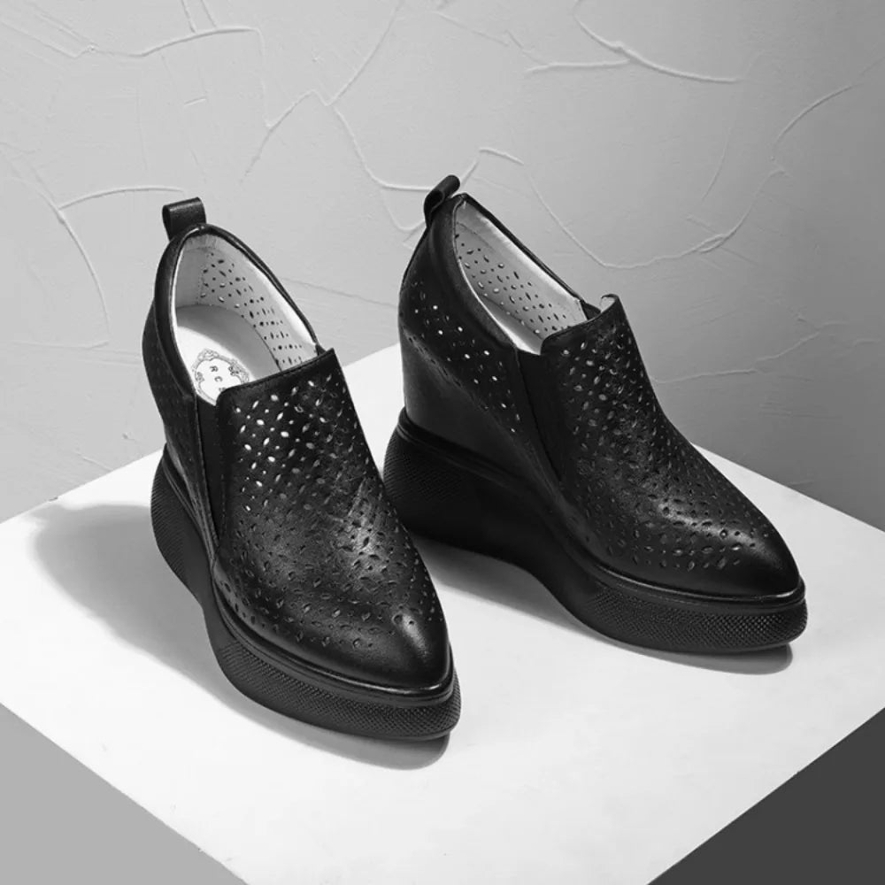 High Heels Hollow Out Shoes Casual Black White Women Sneakers Leisure Platform Shoes Slip-On Breathable Height Increasing Shoes