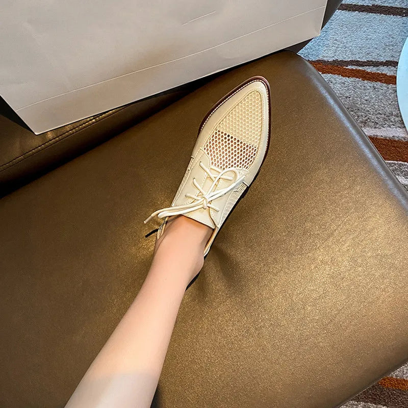 Spring Summer Genuine Leather Mesh Pumps Women Pointed Toe Lace Up Med Thick Heels Breathable Office Ladies Shoes 2025