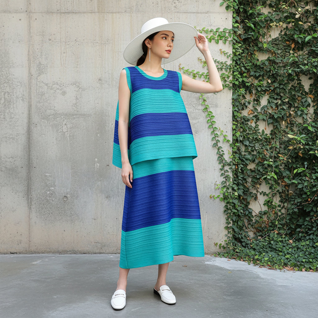 Miyake Pleated New Sleeveless Vest Tops Loose Button Skirts Large Size Two Piece Sets Women's Summer Fashion Designer Clothes