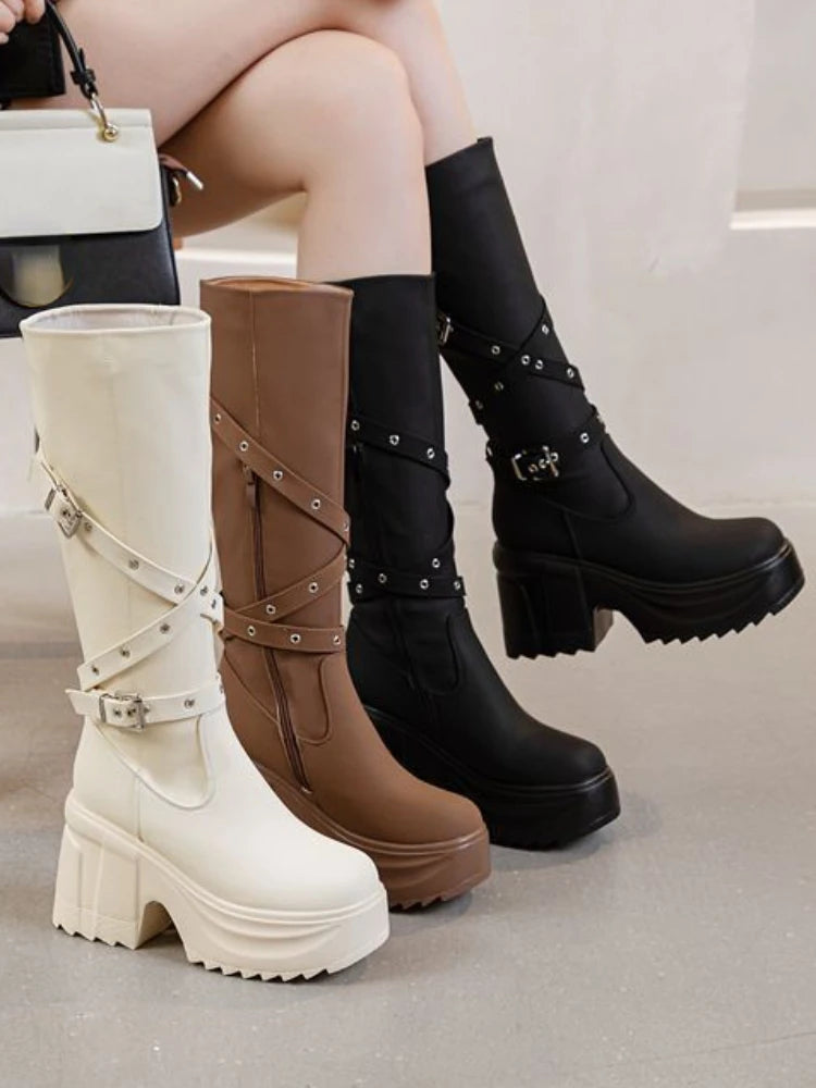 Fujin 10cm Microfiber Women Boots British Boots ZIP Synthetic Leather Ankle Spring Platform Wedge Knee High Fashion Autumn Shoes