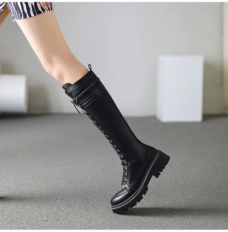 Ods Genuine Leather Women's High Knee Boots Winter Shoes Sexy Lace Up Black White Low Heels Party Shoes Girls Large Size 414243