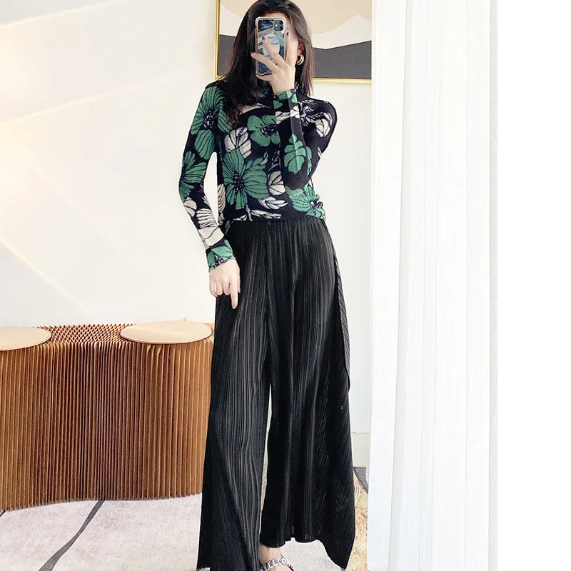 Miyake Pleated Contrasting Colors T-shirt Women Half Turtleneck Skinny Pullover 2025 Summer Fashion Female Clothing
