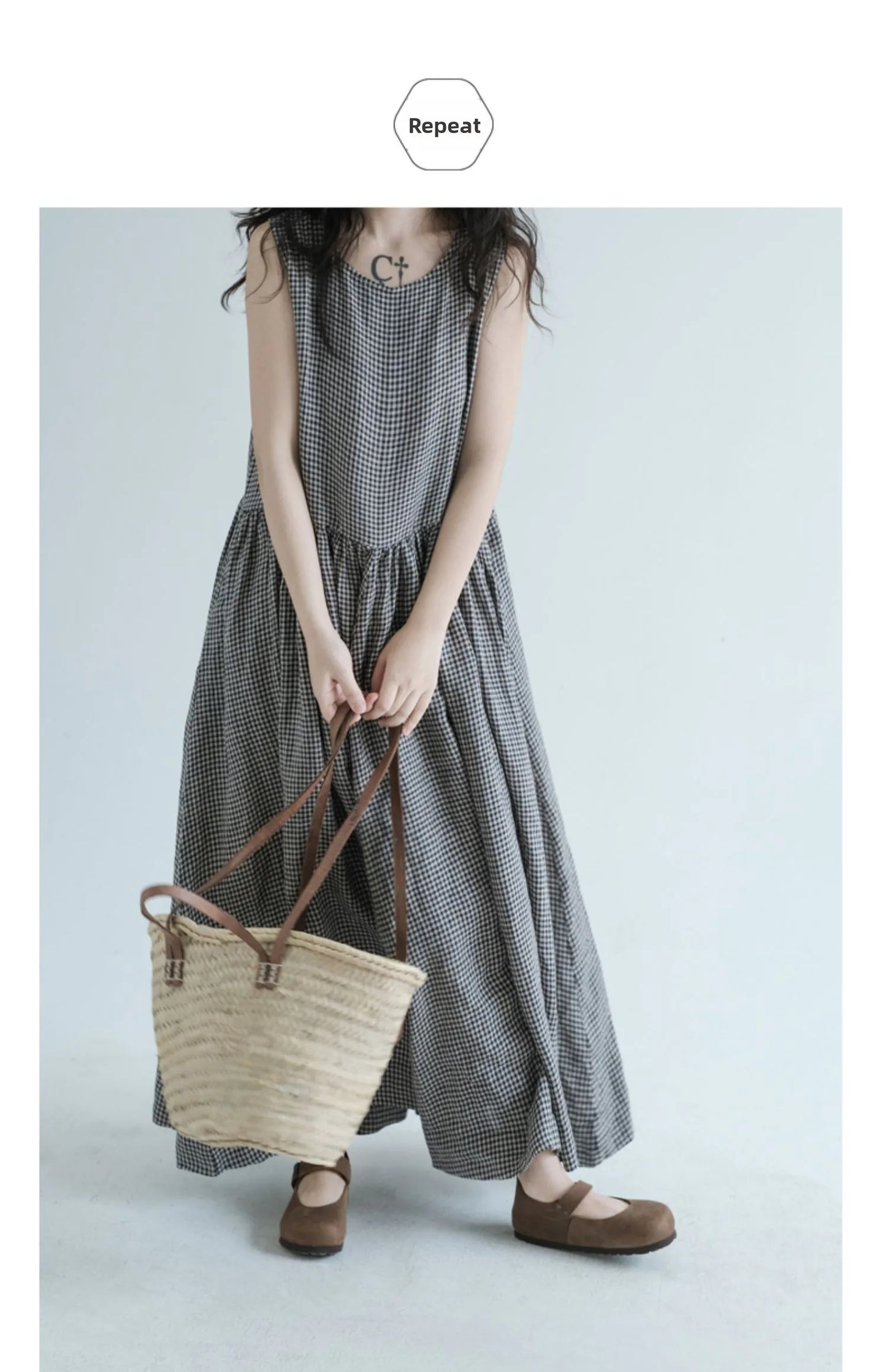 Summer New Women's Cotton Lin Loose Casual Dr High Waist A-Line Skirt Svel Vest Dr Cheered Pattern plus Size