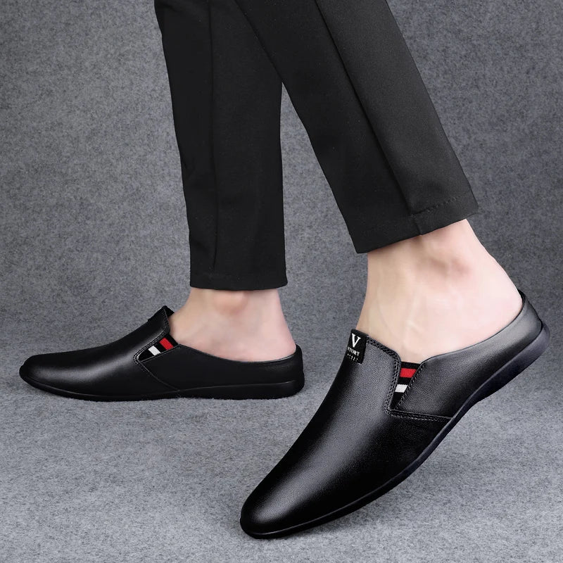 Men's Leather Black Half Leather Shoes Fashion Non-slip Half Trailer Men Sandals Moccasin Breathable Soft Flats Men Driving Shoe
