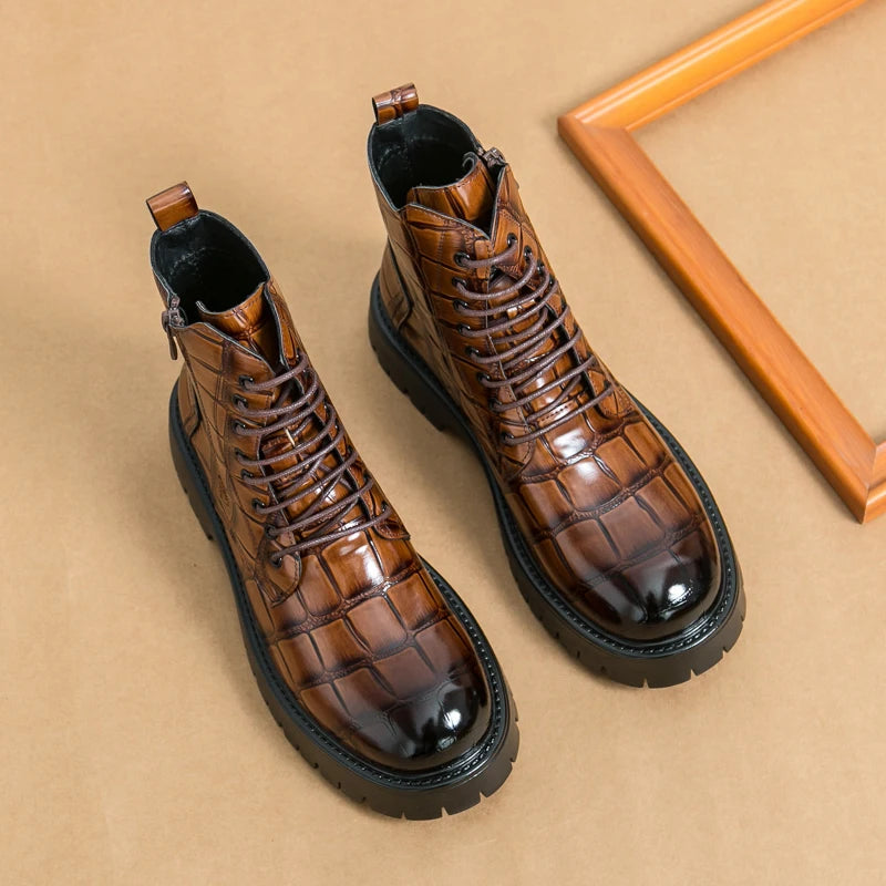 Luxury Brand Men's Autumn and Winter Crocodile Leather Side Zipper High Top Boots Fashionable New Men's Comfortable Short Boots