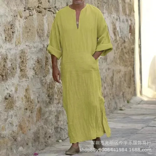 New 2026 Men Cotton Linen Long T-shirts Muslim Solid Casual Abayas Men Jubba Thobe Kaftan Arab Islamic V-neck Long Sleeve Robes