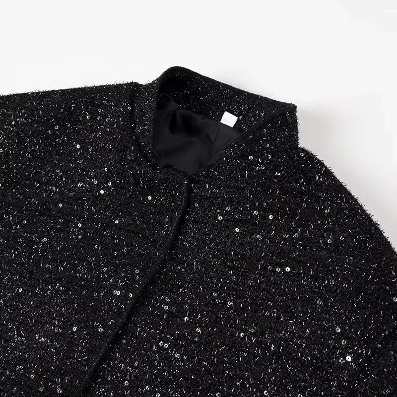 Women's Sequined Bomber Jacket Fall New Round Neck Long Sleeve Pocket Stretch Hem Sequins Jacket Coat Female Chic Outerwear