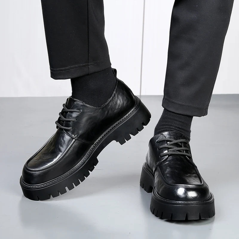 Men's Fashion Genuine Leather British Style Thick Bottom Work Shoes Classic Lace Up Comfortable Anti Slip Big Head Leather Shoes