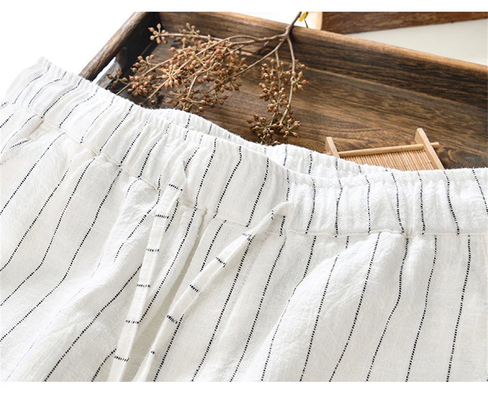 Summer cotton linen men's beach shorts loose fit breathable ramie striped straight daily causal pants for men