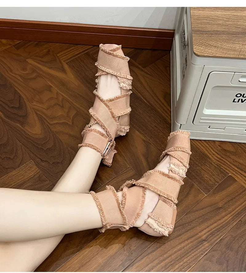 Vintage Tassel Canvas Women Ballet Flats Spring Autumn Soft Soles Dance Walking Shoes Fashion Ankle Strap Mary Janes Girls Shoes
