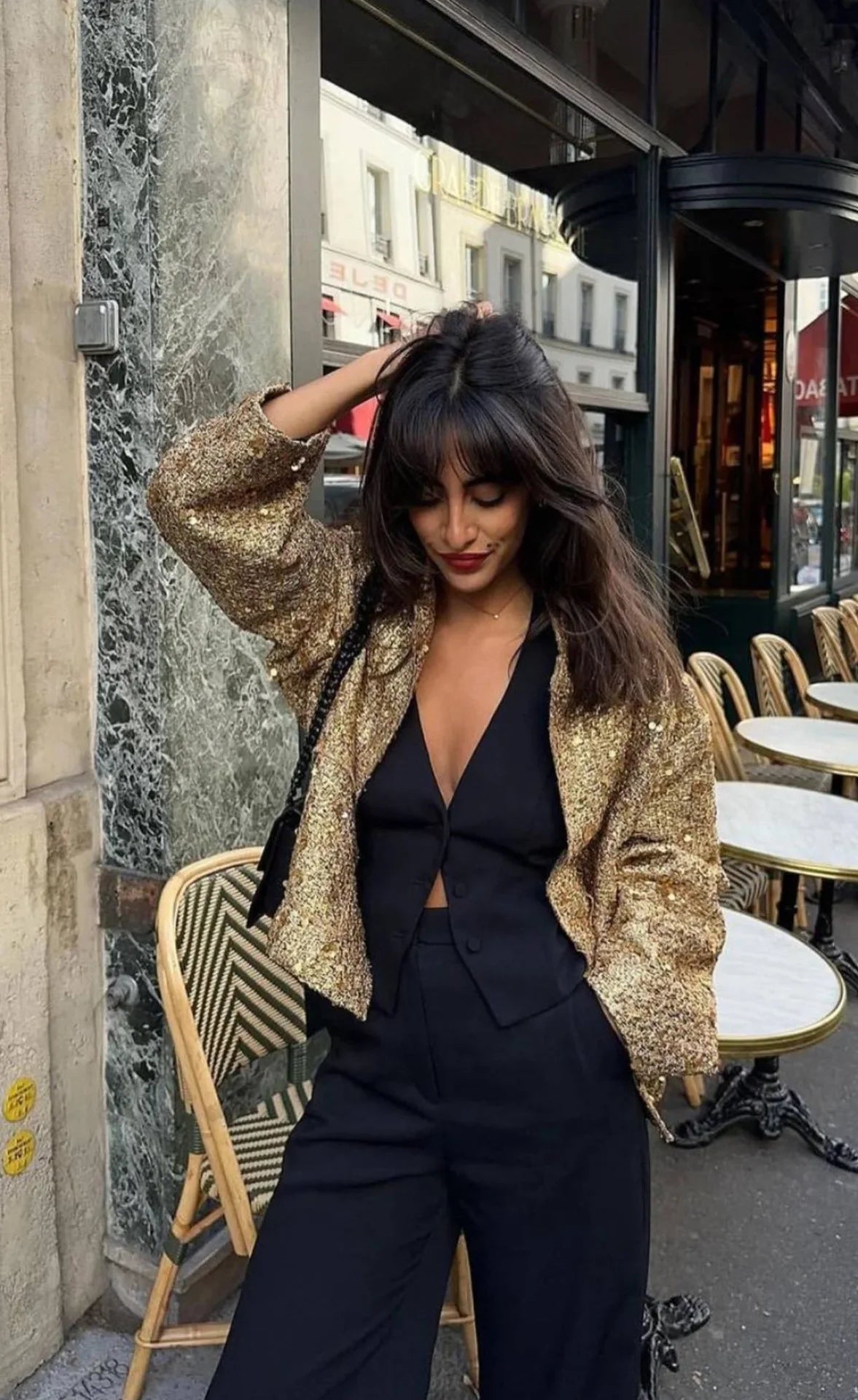 Women's Sequined Bomber Jacket Fall New Round Neck Long Sleeve Pocket Stretch Hem Sequins Jacket Coat Female Chic Outerwear