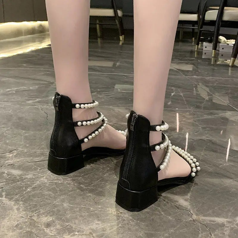 Pearl with Medium Heels Summer 2025 Women's Shoes Sandals for Woman Square Footwear Black Comfort Anti Slip Hot Vip The Best H F