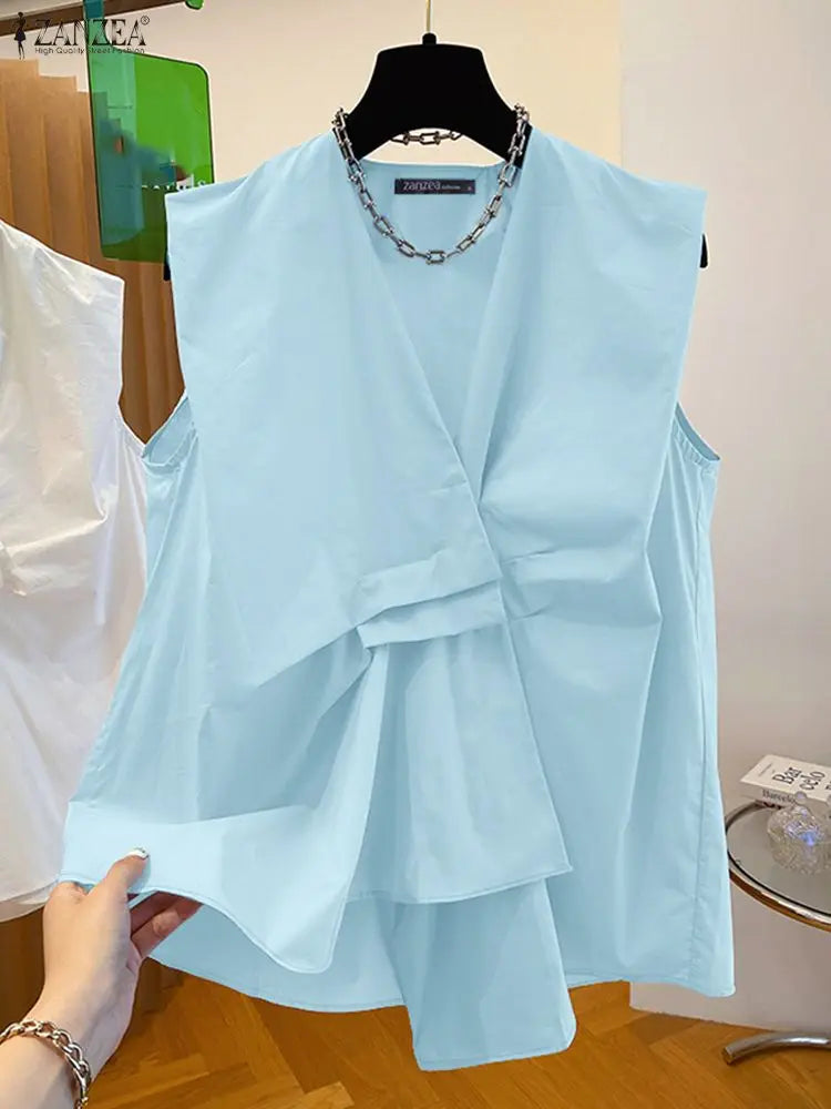 ZANZEA Trendy Pleated Design Women's Blue Tank Tops 2025 Summer Solid Color V-Neck Sleeveless Tops Streetwear 3 Colors S-3XL