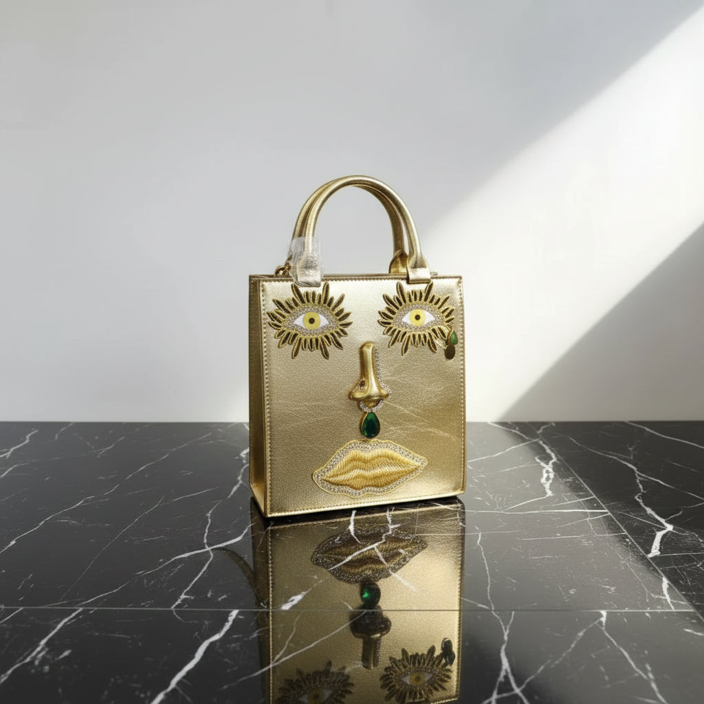 2026 Summer New Women's Surreal  Leather Handbag 3D Face Hand Grip Pattern Tote Bag Silver Patent Leather Square Versatile Shoulder Bag