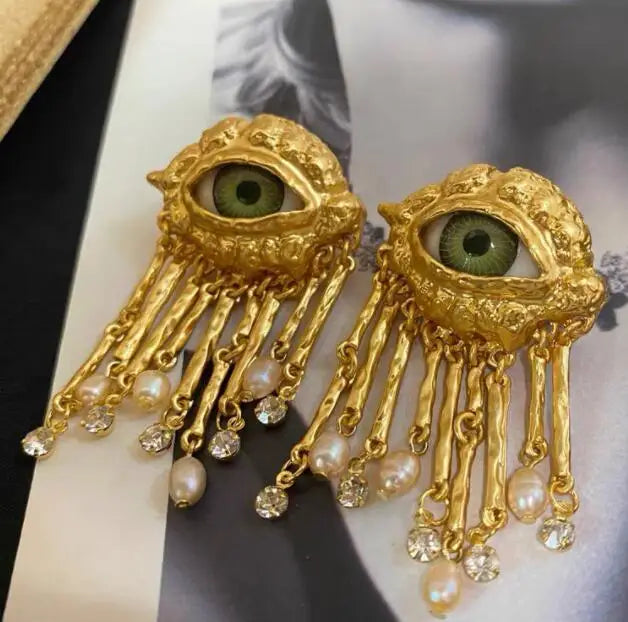 French Retro Exaggerated Eye Sparkling Crystal Pearl Tassel Earrings Design Luxury Earring Trend