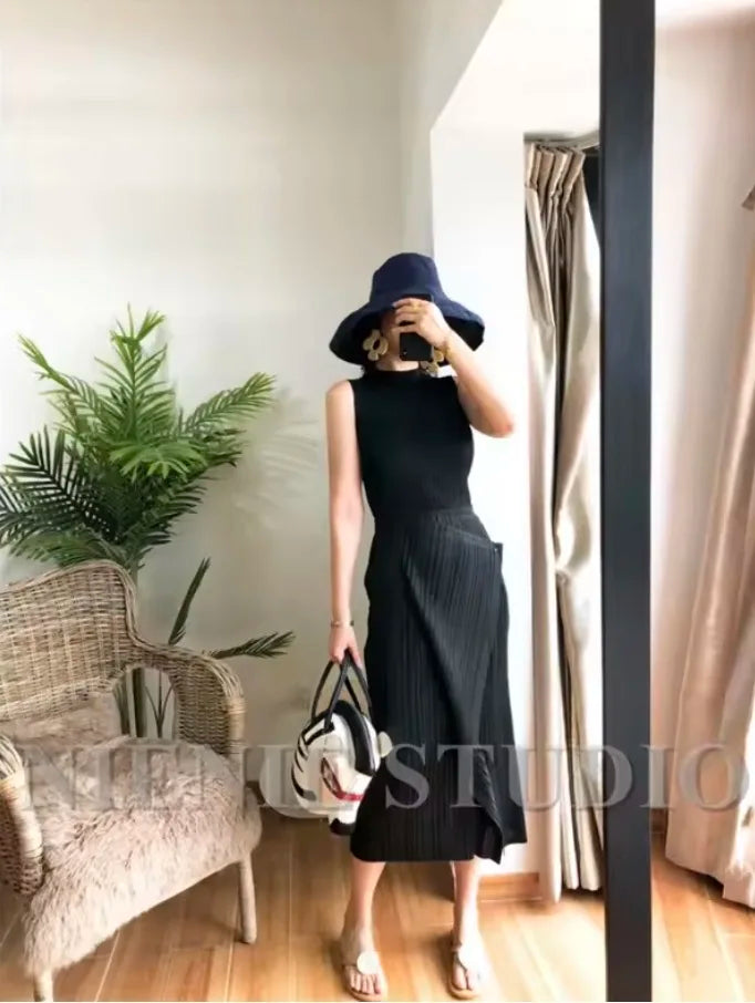 Miyake Pleated Skirt High Waist One Button Stitching Long Asymmetrical Skirt Two Piece Straight Korea Fashion Aesthetic Clothes