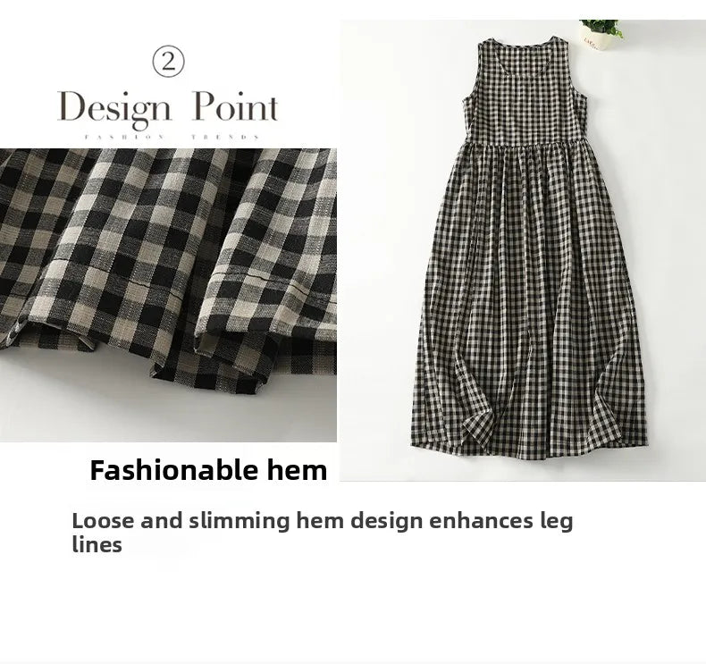 Retro Japanese Sle Linen Plaid Vest Dr Women Summer Loose Cotton Linen Svel Midi Dr A-Line Skirt round Ne
