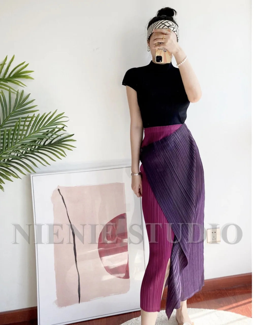 Miyake Pleated Skirt High Waist One Button Stitching Long Asymmetrical Skirt Two Piece Straight Korea Fashion Aesthetic Clothes