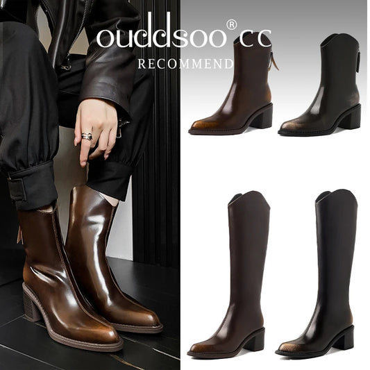 Ods New Women Genuine Leather Pointed Toe Knee High Boots Black White Brown Side Zipper Female Shoes Thick Heel Plus Size 42