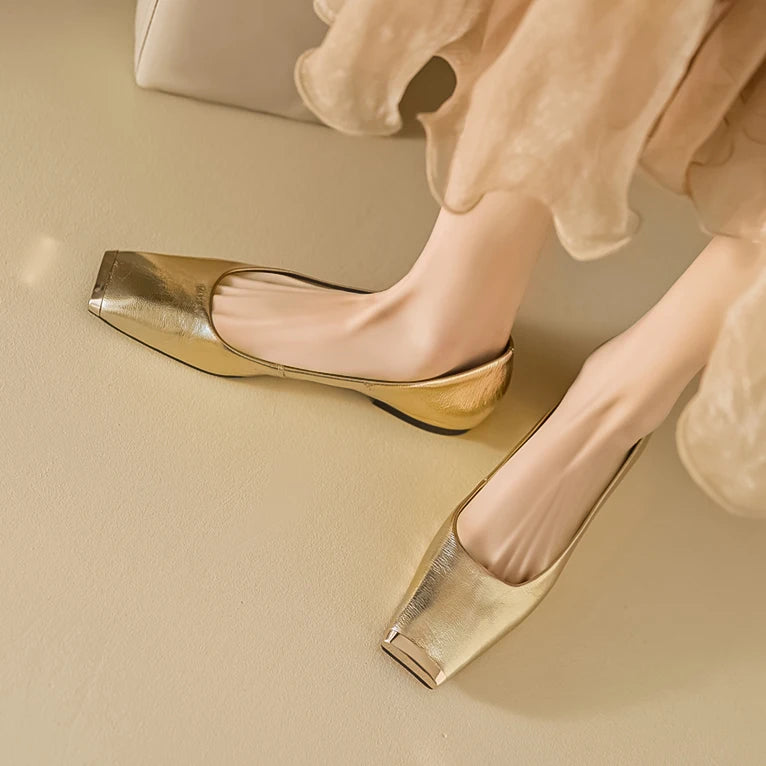 Fashion Genuine Leathe Pumps Women Metal Head Shallow Slip On Flats Office Ladies Low Heel Sheepskin Leather