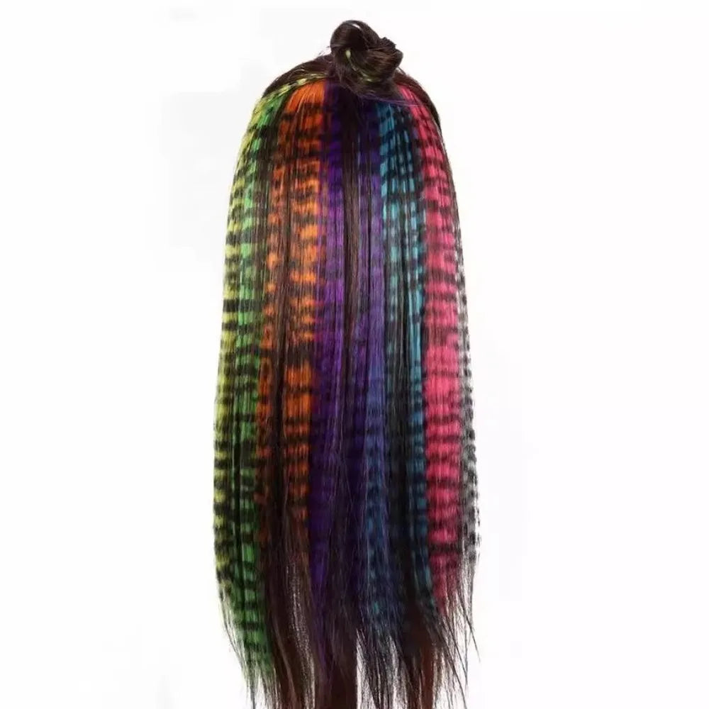 Stripe Printed Clip in Hair Extensions Synthetic Straight Hair Highlights Colorful 18 Inches Wig Hairpieces for Daily Use Party