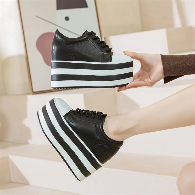 12cm Genuine Leather Platform Wedge Chunky Sneaker Hidden Heels Casual Breathable New Spring Autumn High Brand Vulcanize Shoes